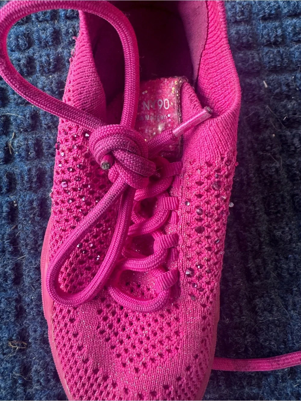 Steve Madden Girls Hot Pink Knit Lace-Up Sneaker with Rhinestones